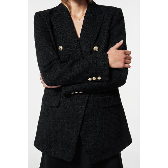 ZARA Double Breasted Textured Blazer Woven Tweed Black Gold Button Women's XS - Picture 3 of 15